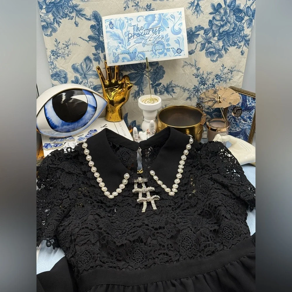 🆕 SELF PORTRAIT 🧿 NWOT Black Guipure Diamante Lace Mini Dress - Sz UK 10 US 6 - Picture 13 of 16